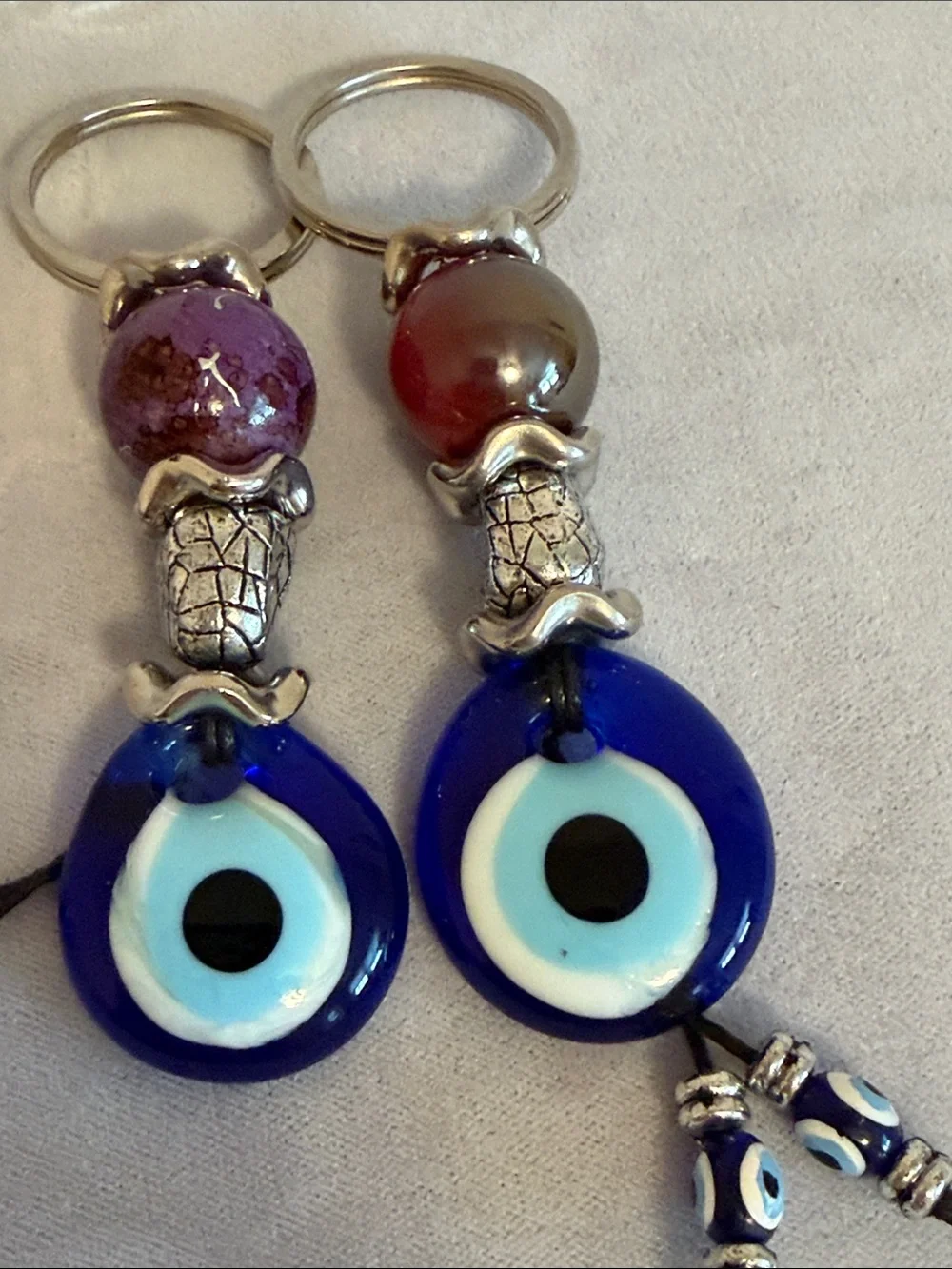 Greek Evil Eye Keychain Pair Blue Glass Beaded Pineapple Bag Charm Nazar